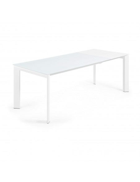 Mesa extensível de eixo em vidro branco e pernas de aço com acabamento branco 160 (220) cm.
