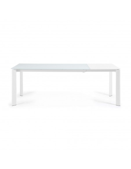 Mesa extensível de eixo em vidro branco e pernas de aço com acabamento branco 160 (220) cm.