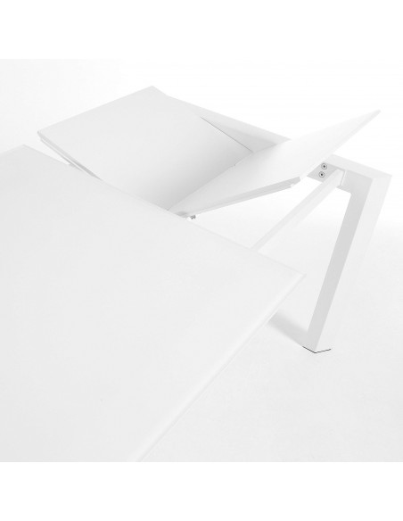 Mesa extensível de eixo em vidro branco e pernas de aço com acabamento branco 160 (220) cm.