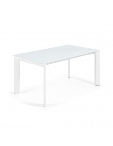Mesa extensível de eixo em vidro branco e pernas de aço com acabamento branco 160 (220) cm.