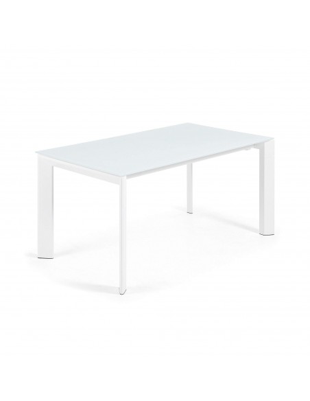 Mesa extensível de eixo em vidro branco e pernas de aço com acabamento branco 160 (220) cm.