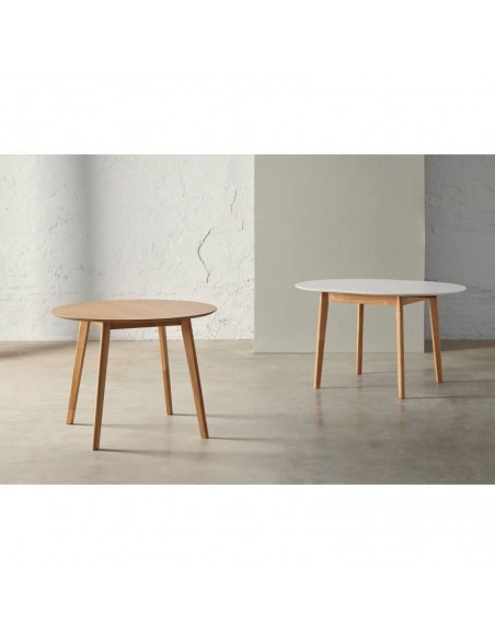 Mesa redonda extensible LIANA (100 x 130) x 76 cm. Sobre Blanco y patas en madera.