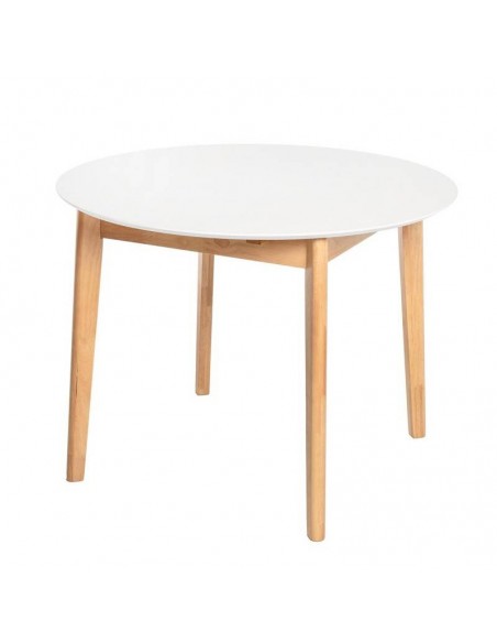 Mesa extensível redonda LIANA (100 x 130) x 76 cm. Branco e pernas de madeira.
