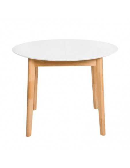 Mesa extensível redonda LIANA (100 x 130) x 76 cm. Branco e pernas de madeira.