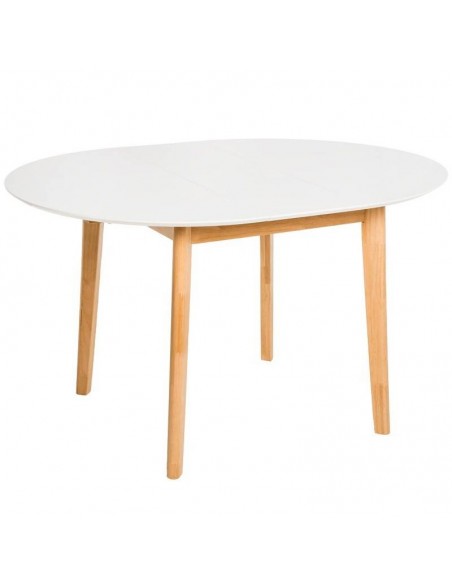 Mesa redonda extensible LIANA (100 x 130) x 76 cm. Sobre Blanco y patas en madera.