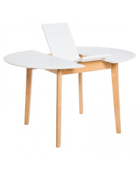 Mesa extensível redonda LIANA (100 x 130) x 76 cm. Branco e pernas de madeira.