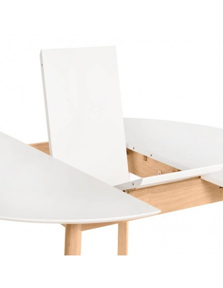 Mesa redonda extensible LIANA (100 x 130) x 76 cm. Sobre Blanco y patas en madera.