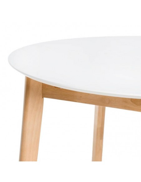 Mesa redonda extensible LIANA (100 x 130) x 76 cm. Sobre Blanco y patas en madera.