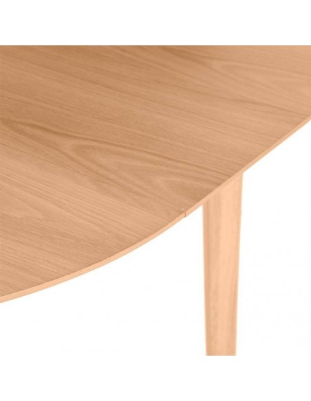 Mesa redonda extensible LIANA (100 x 130) x 76 cm. chapa roble y patas hevea.