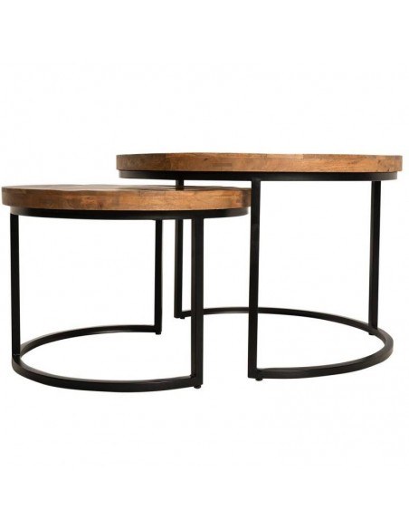 Set mesas de centro FARLAN. Tapa en madera de mango y patas en metal negro mate.
