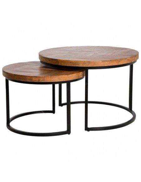 Conjunto de mesa de centro FARLAN. Tampo em madeira de mangueira e pernas em metal preto mate.