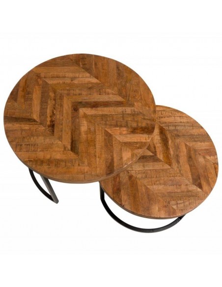 Conjunto de mesa de centro FARLAN. Tampo em madeira de mangueira e pernas em metal preto mate.