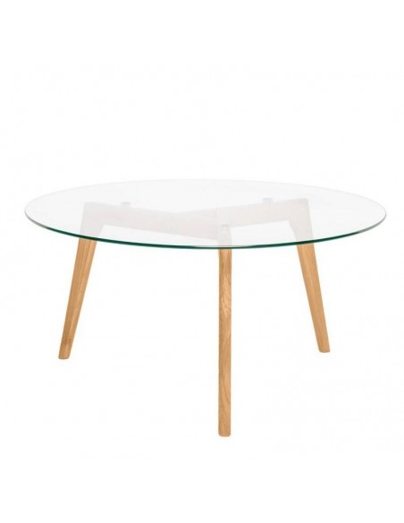 Mesa centro redonda PATRICK 90, tapa de cristal y patas de madera.