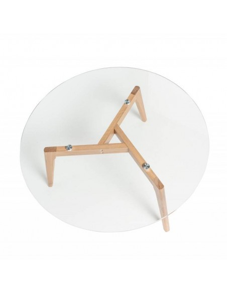 Mesa centro redonda PATRICK 90, tapa de cristal y patas de madera.