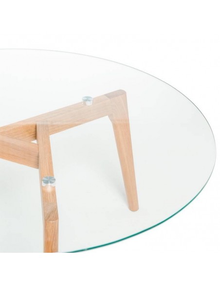 Mesa centro redonda PATRICK 90, tapa de cristal y patas de madera.