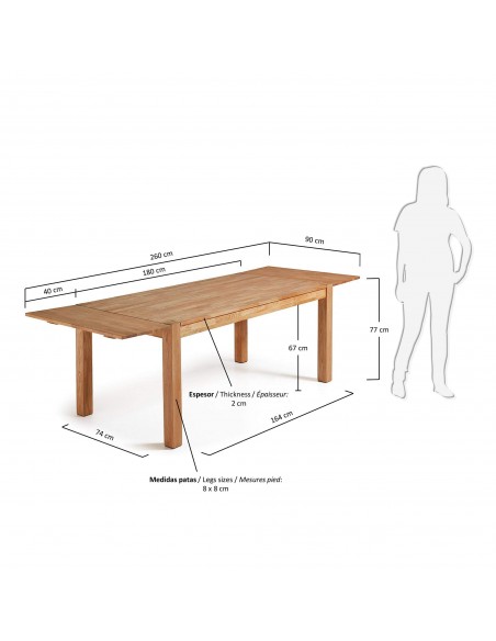 Mesa extensível ISBEL 180 (260) x 90, madeira maciça de carvalho.