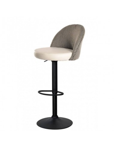 Taburete TENA, regulable altura, base metal negro, tapizado pata de gallo y similpiel blanca