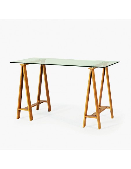 Mesa secretária moderna em vidro de 130 x 60, pés em metal com acabamento em carvalho.