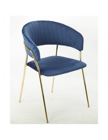Silla con brazos HANSE, metal cromado dorado, tapizado velvet azul