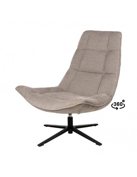 Poltrona PARMA giratória 360º, assento largo em tecido cinza claro e pernas em metal.