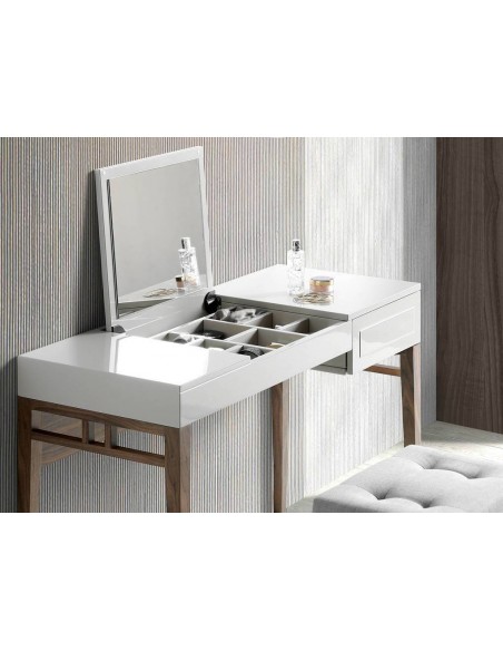 Toucador Ángel Cerdá WING, 120 x 50. Madeira cor de neblina com espelho dobrável e porta-joias