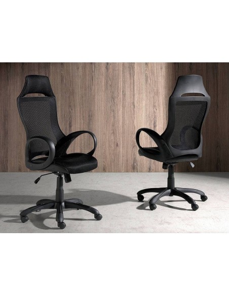 Silla de oficina Angel Cerdá 4074, giratoria, malla negra con resposabrazos.