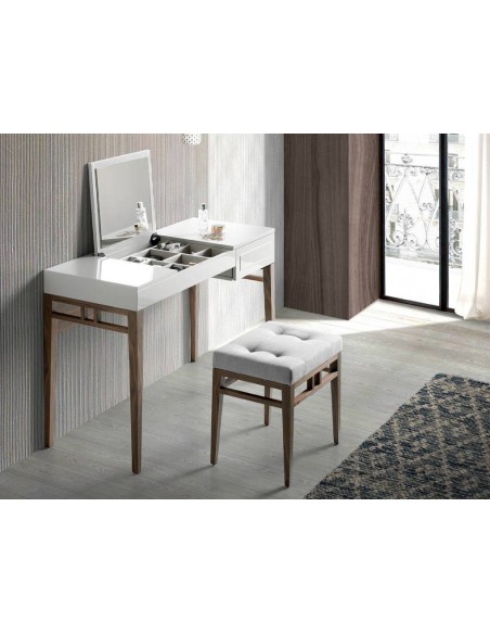 Ángel Cerdá, banqueta WING tapizada en tela gris y madera Nogal.