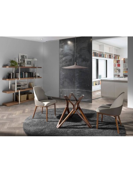 Ángel Cerdá 1108, mesa redonda de cristal Vium 120, base en madera color nogal