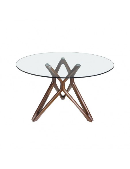 Ángel Cerdá, mesa redonda Vium 130, tapa de cristal y base en madera color nogal