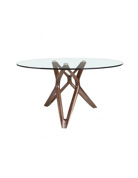 Ángel Cerdá, mesa redonda Vium 130, tapa de cristal y base en madera color nogal