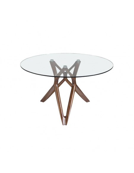 Ángel Cerdá, mesa redonda Vium 130, tapa de cristal y base en madera color nogal