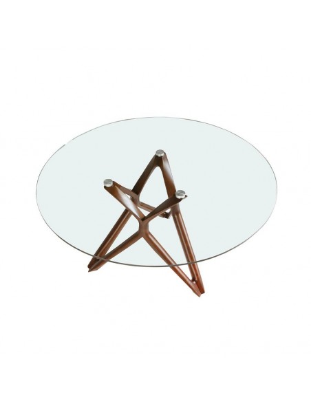 Ángel Cerdá, mesa redonda Vium 130, tapa de cristal y base en madera color nogal