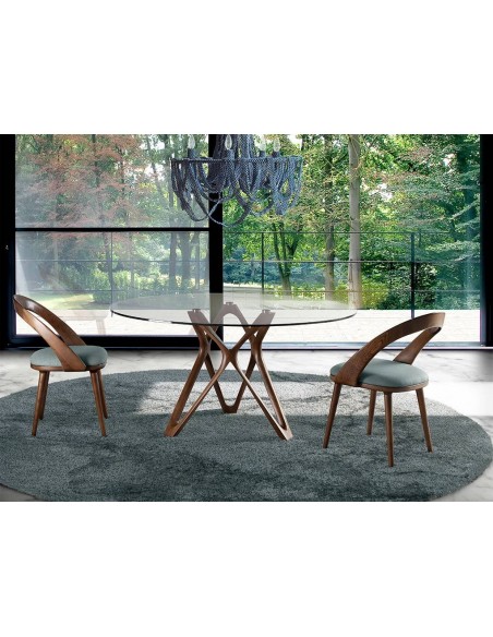 Ángel Cerdá, mesa redonda Vium 130, tapa de cristal y base en madera color nogal
