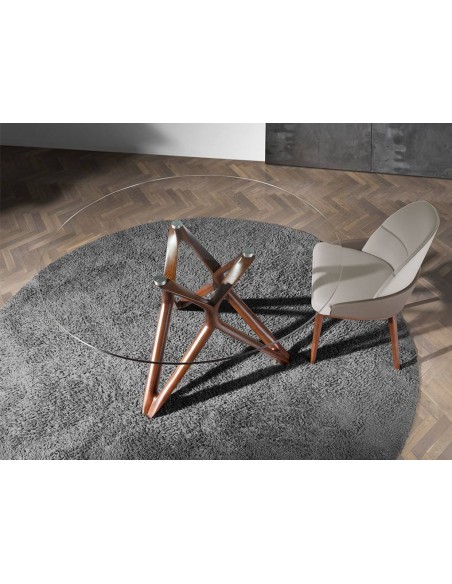 Ángel Cerdá, mesa redonda Vium 130, tapa de cristal y base en madera color nogal