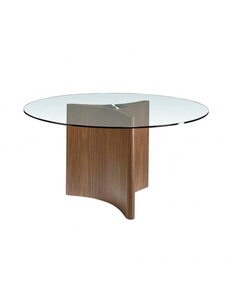 Ángel Cerdá, mesa redonda VALÚ 150, tampo de vidro e base em nogueira