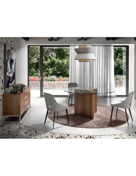 Ángel Cerdá, mesa redonda VALÚ 150, tapa de cristal y base en madera color nogal