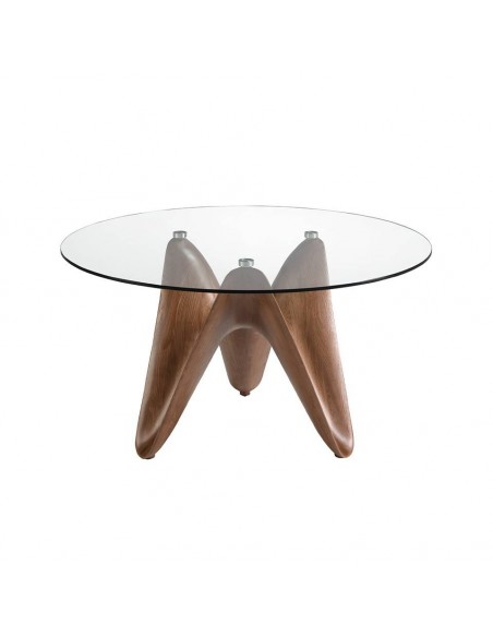 Mesa redonda Angel Cerdá RENA 130, Cristal e base em madeira de nogueira.