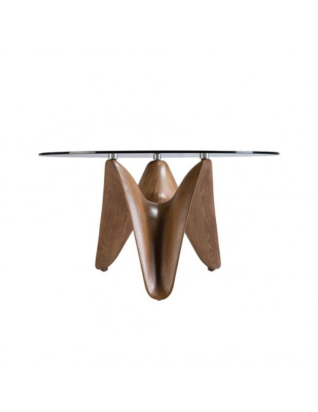 Angel Cerdá mesa redonda RENA 150, Cristal, y base de madera en nogal.