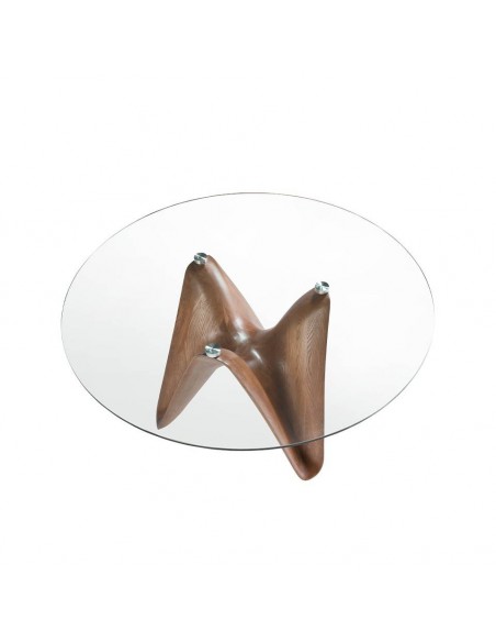 Angel Cerdá. Mesa redonda RENA 150, Cristal e base em madeira de nogueira.