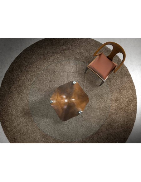 Angel Cerdá mesa redonda RENA 150, Cristal, y base de madera en nogal.