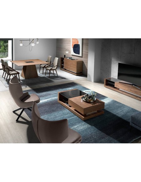 Anjo Cerdá 1079. Mesa quadrada 150x150. Nogueira com vidro preto.