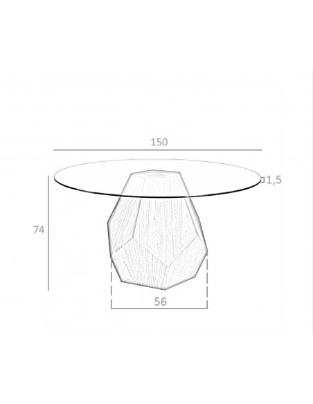 Angel Cerdá, mesa redonda PENTA 150. Cristal y base de madera en nogal.