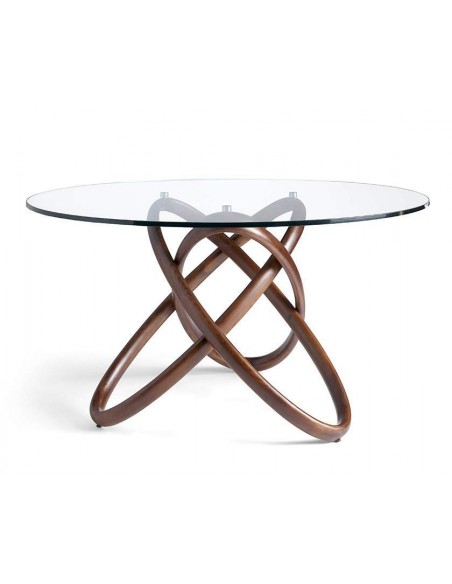 Mesa redonda Trivium diseño moderno, madera maciza, cristal templado.