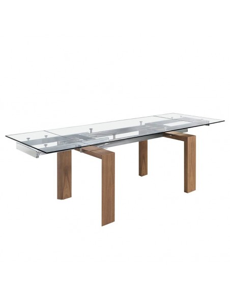 Ángel Cerdá 1007. Mesa extensible de cristal 160(240) x 90. Base madera Nogal.