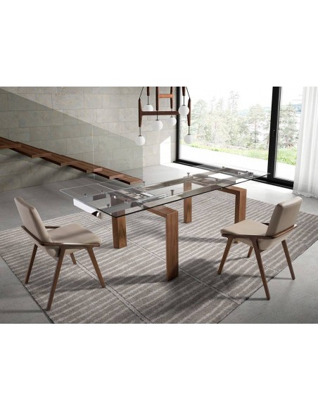 Ángel Cerdá 1007. Mesa extensible de cristal 160(240) x 90. Base madera Nogal.