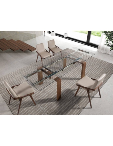 Ángel Cerdá 1007. Mesa extensible de cristal 160(240) x 90. Base madera Nogal.