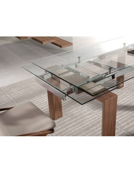 Ángel Cerdá 1007. Mesa extensible de cristal 160(240) x 90. Base madera Nogal.