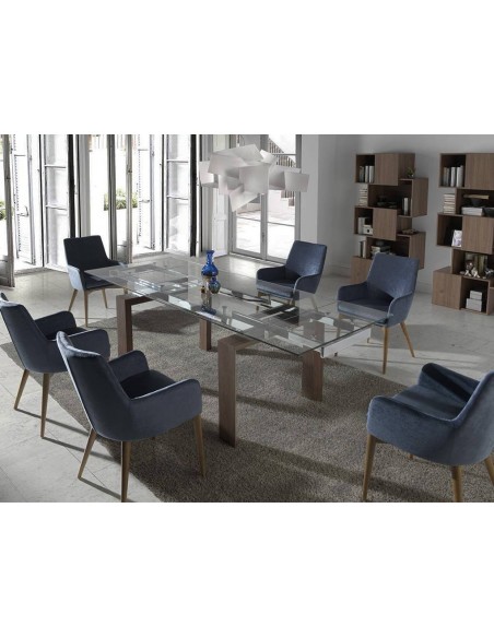 Ángel Cerdá 1007. Mesa extensible de cristal 160(240) x 90. Base madera Nogal.