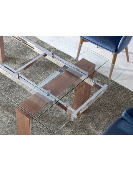 Ángel Cerdá 1007. Mesa extensible de cristal 160(240) x 90. Base madera Nogal.