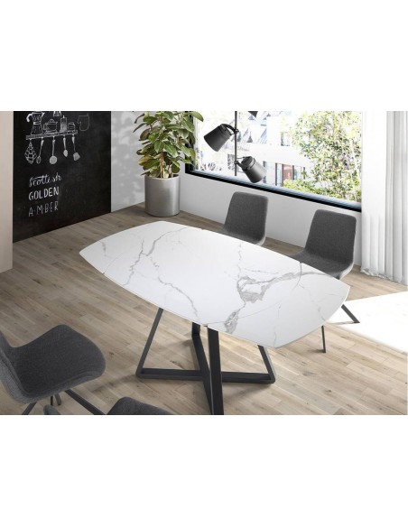 Ángel cerdá 1096. Mesa ovalada barril extensible giratorio OCEAN 120(178) x90. Porcelánico y acero negro.